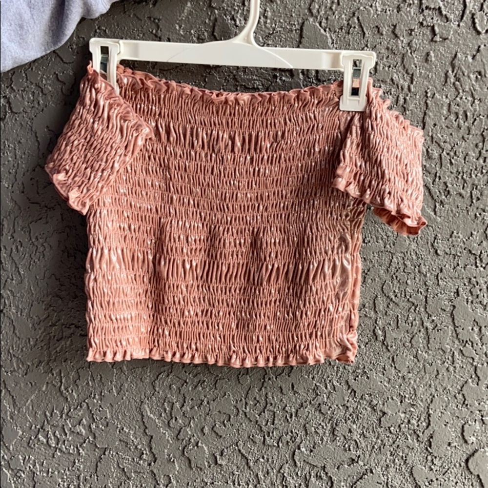 Pink/tan shimmery strapless cropped top w/ sleeves